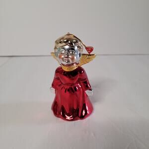 Angel Bell Christmas Ornament - Blond Hair, Red Dress, Gold Wings